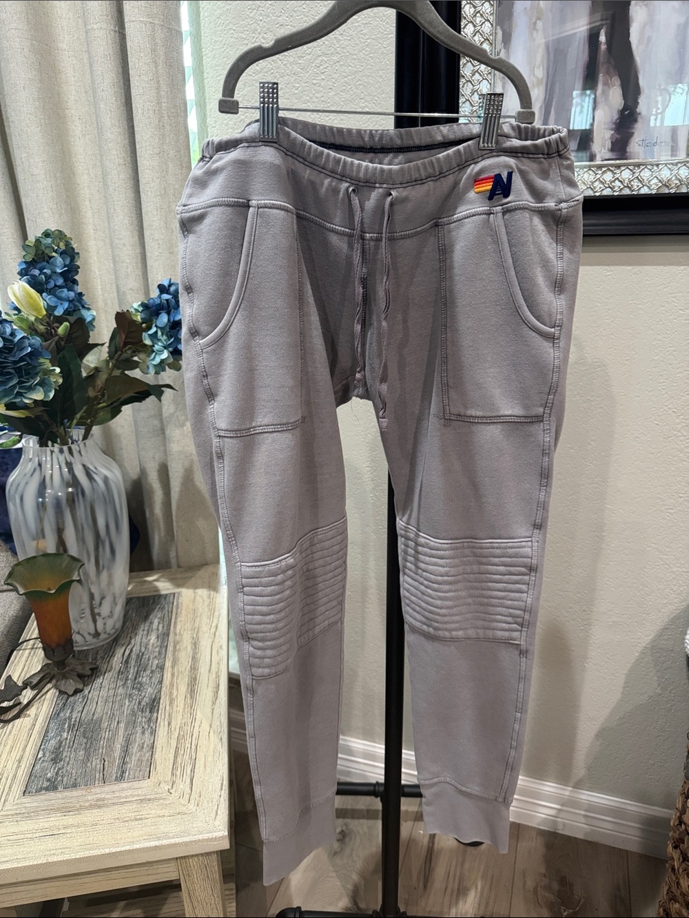 Aviator Nation Light Gray Ribbed-Knee Joggers with Rainbow 'A' Logo